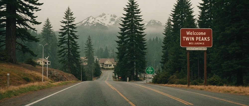 Дорога между высокими соснами с дымкой, табличка "Welcome to Twin Peaks". Горы на заднем плане.