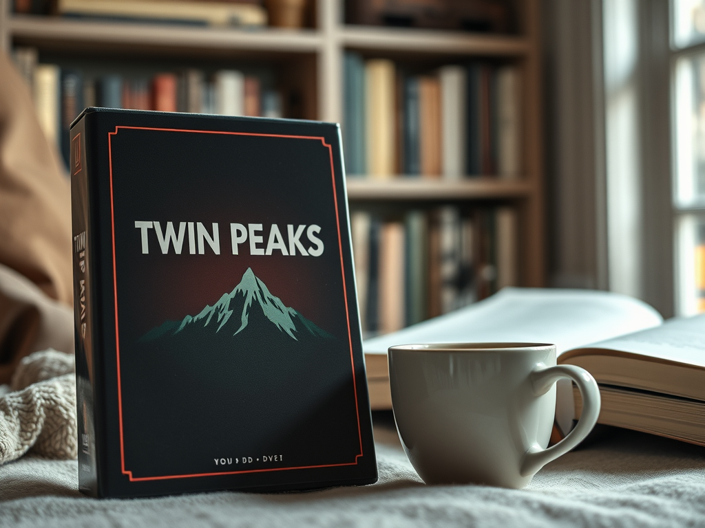 На столе лежит коробка с надписью "TWIN PEAKS" и чашка с кофе, на фоне книжного шкафа.